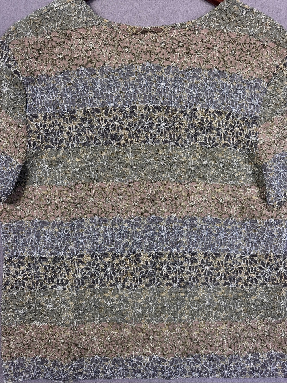 Vintage Y2K Kathie Lee Earth Tone Multicolor Lace Mesh Short Sleeve Top, XL - Picture 10 of 11